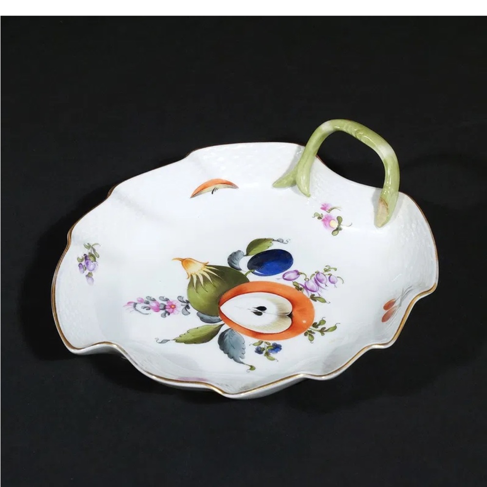 Herend White Porcelain Fruit Leaf Dish with Green Handle